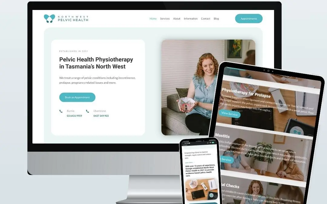 Mockup of a website displayed on desktop, tablet, and smartphone screens, labeled "Featured Project: NW Pelvic Health.